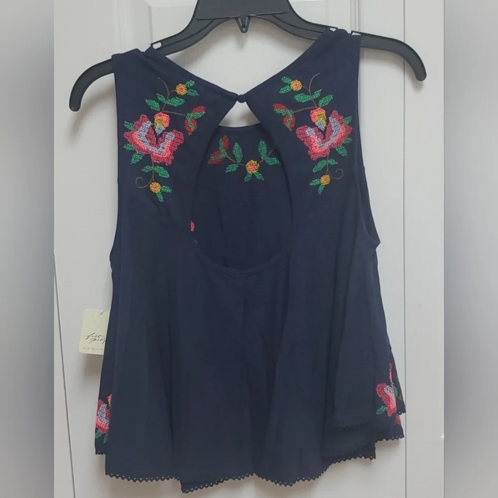 Free People Fun And Flirty Embroidered Top/Cobalt Blue Combo
